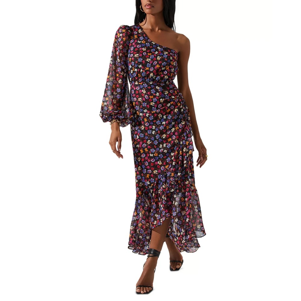 ASTR the Label Calista Asymmetrical Neck Floral Print Midi Dress Size XS